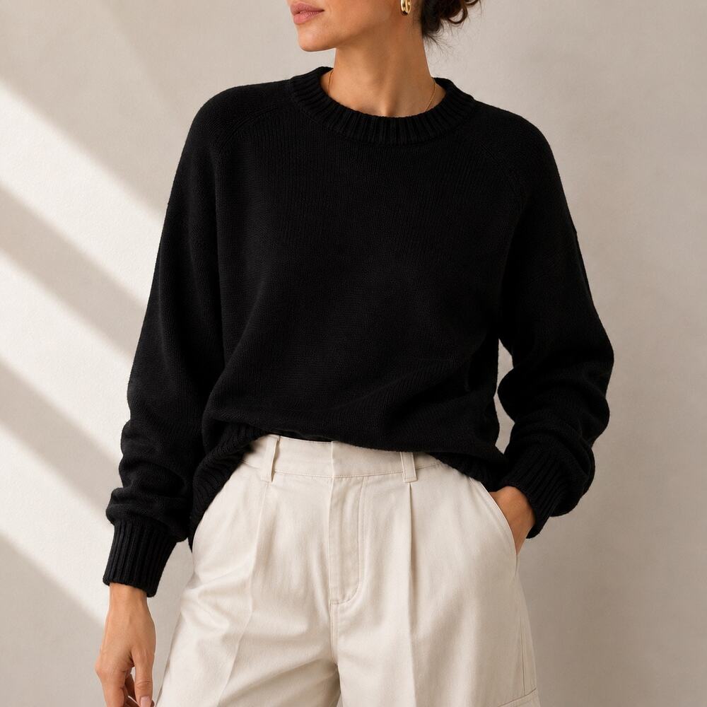 Vtg 90s Lands End Black Cotton Crewneck Oversized Sweater Made in USA L 14 16